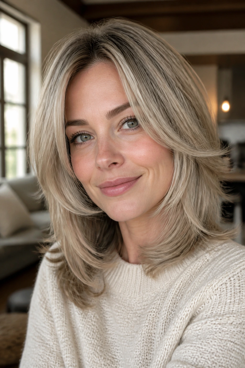 Real person with ash blonde feathered shoulder-length cut in warm window light
