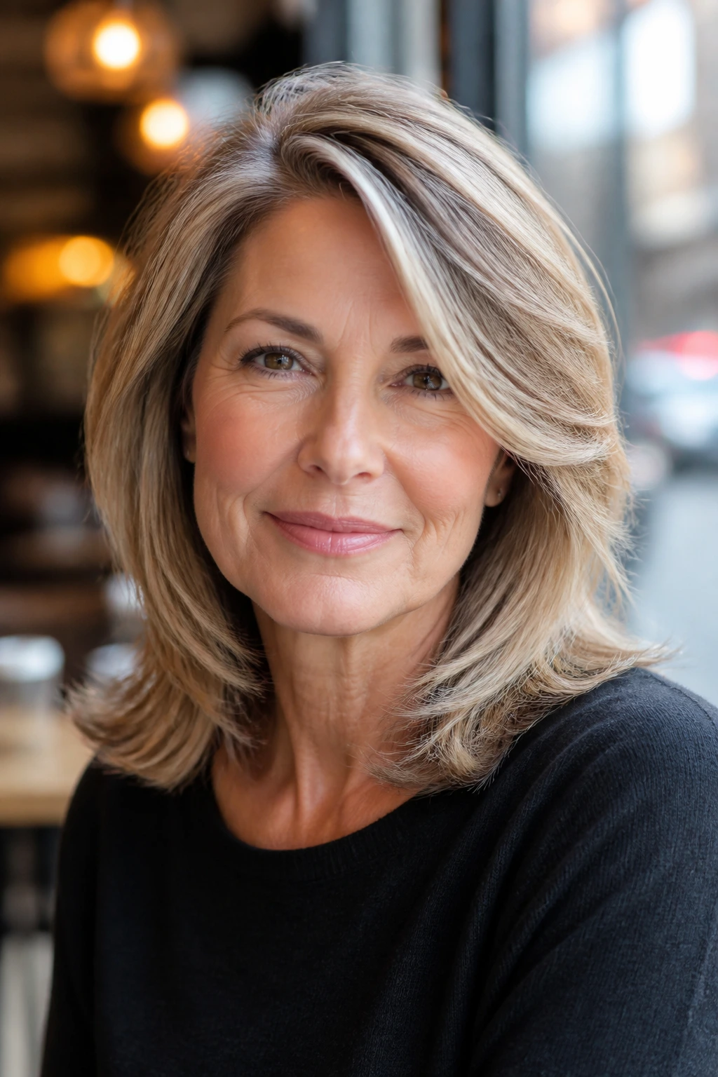 Woman with feathered shoulder-length hair and side part