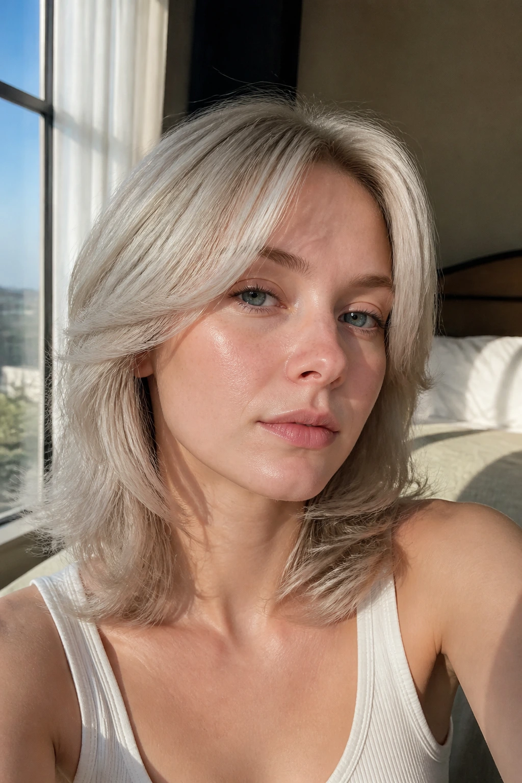 Close-up of a real woman with feathered shoulder-length steel blonde hair.