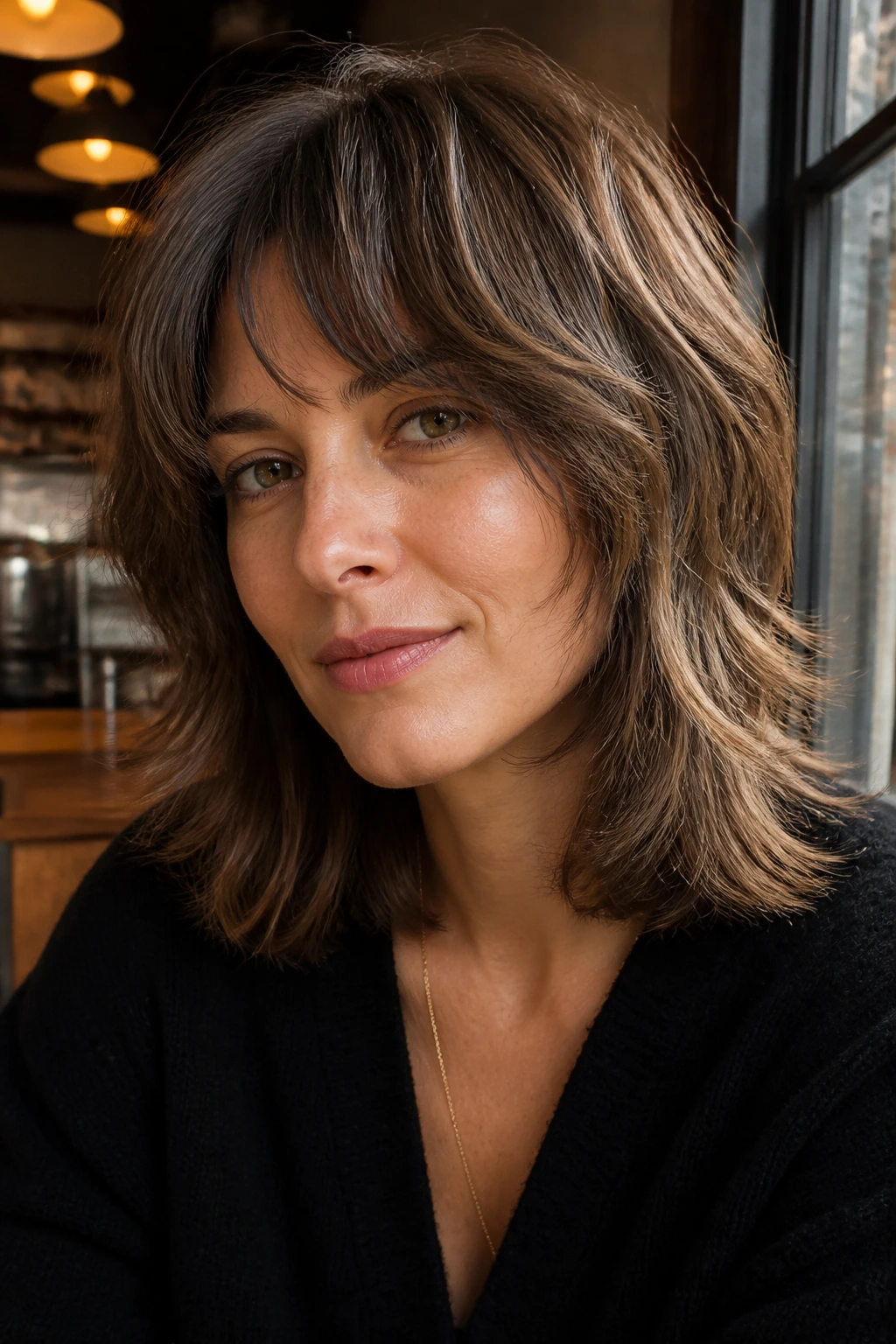 Portrait of a woman with feathered shoulder shag showing soft feathering at sides