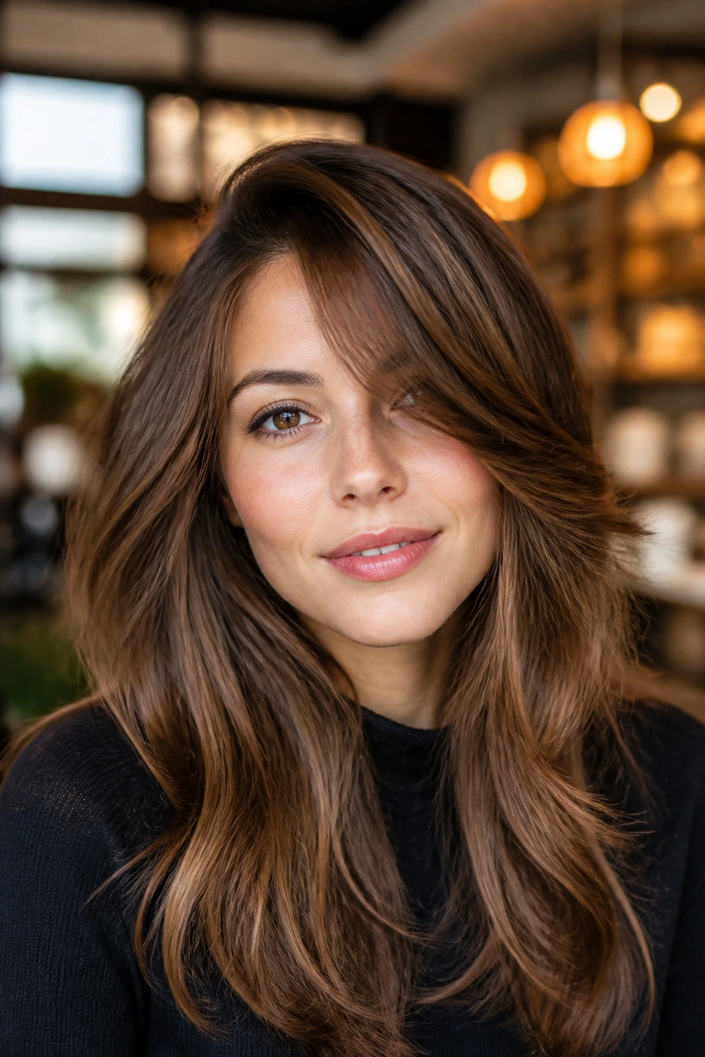 Close-up portrait of a person with feathered side-sweep fringe