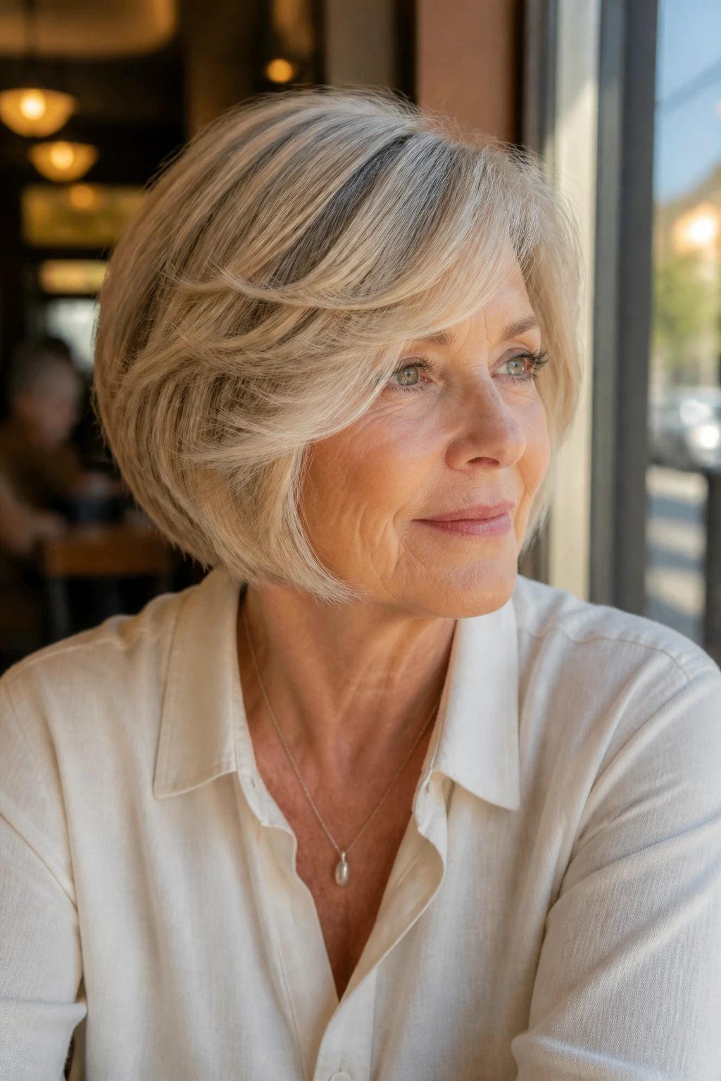 Feathered side-swept bob on a real person