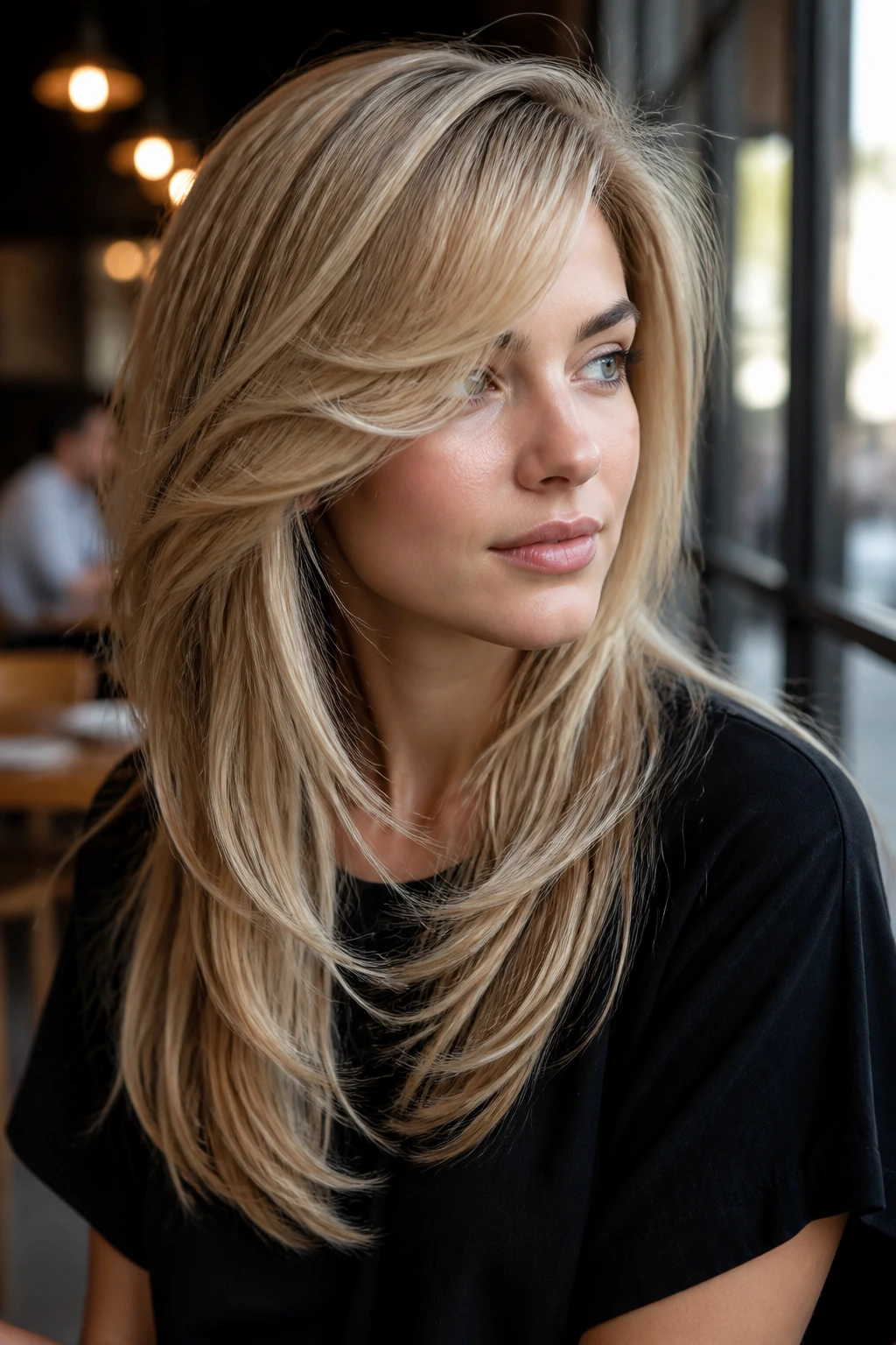 Close-up of a real woman with deep side-swept feathering on fine hair in cafe light
