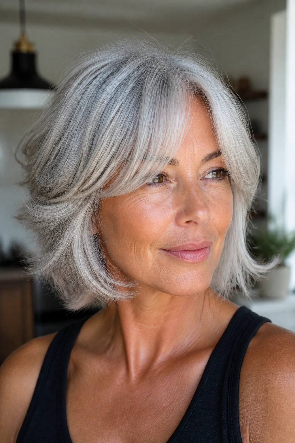 Feathered silver bob with airy curtain bangs in bright light