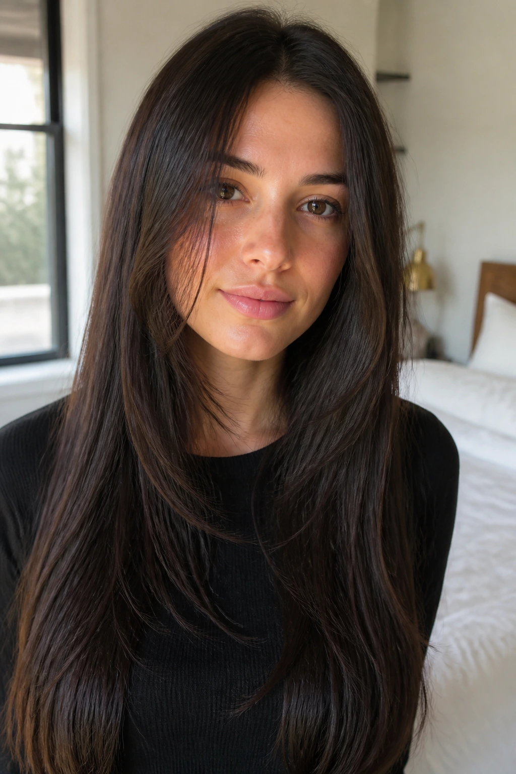Close-up of a real woman with straight hair feathered at the front.