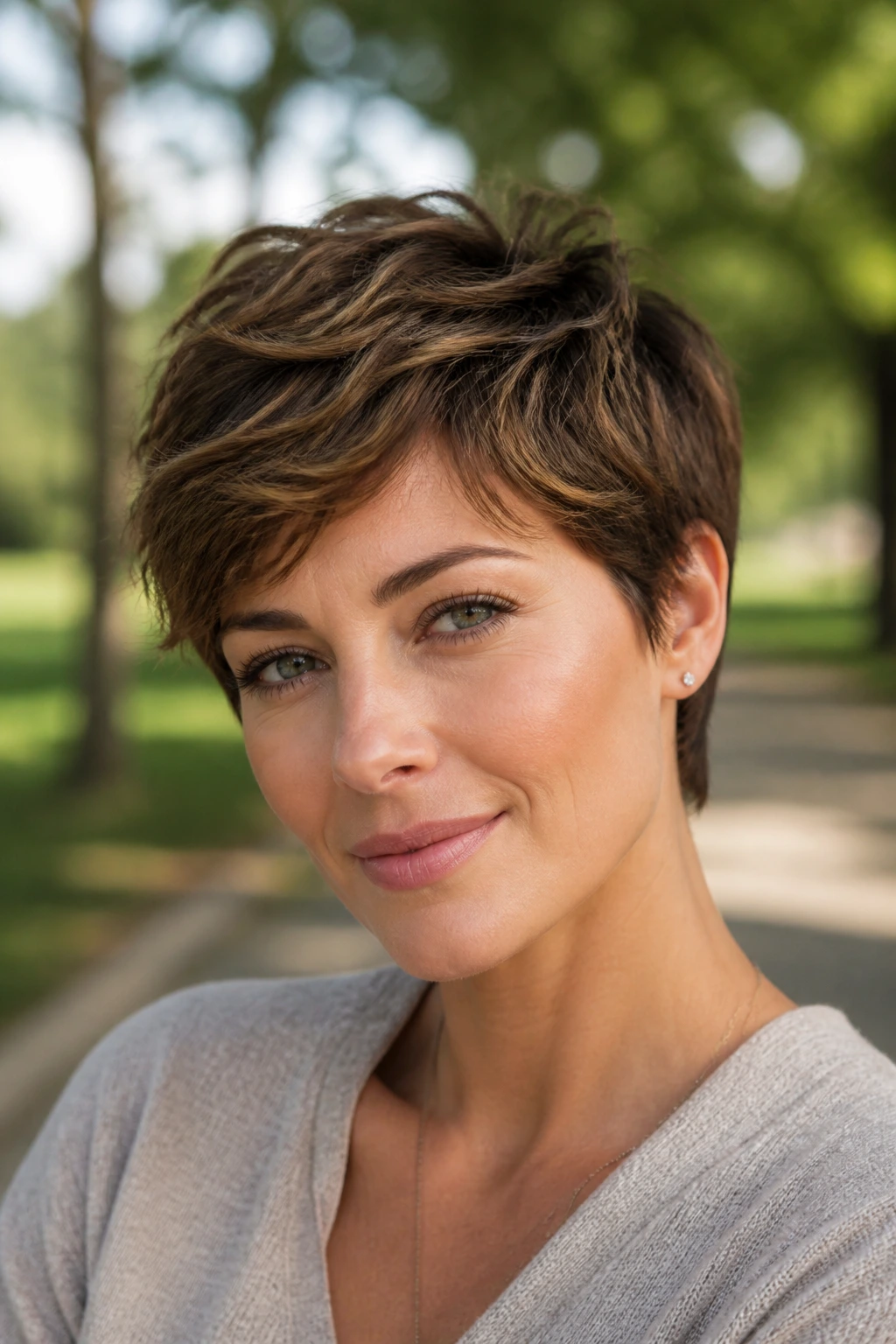 Close-up of a woman with a feathered textured crop hairstyle