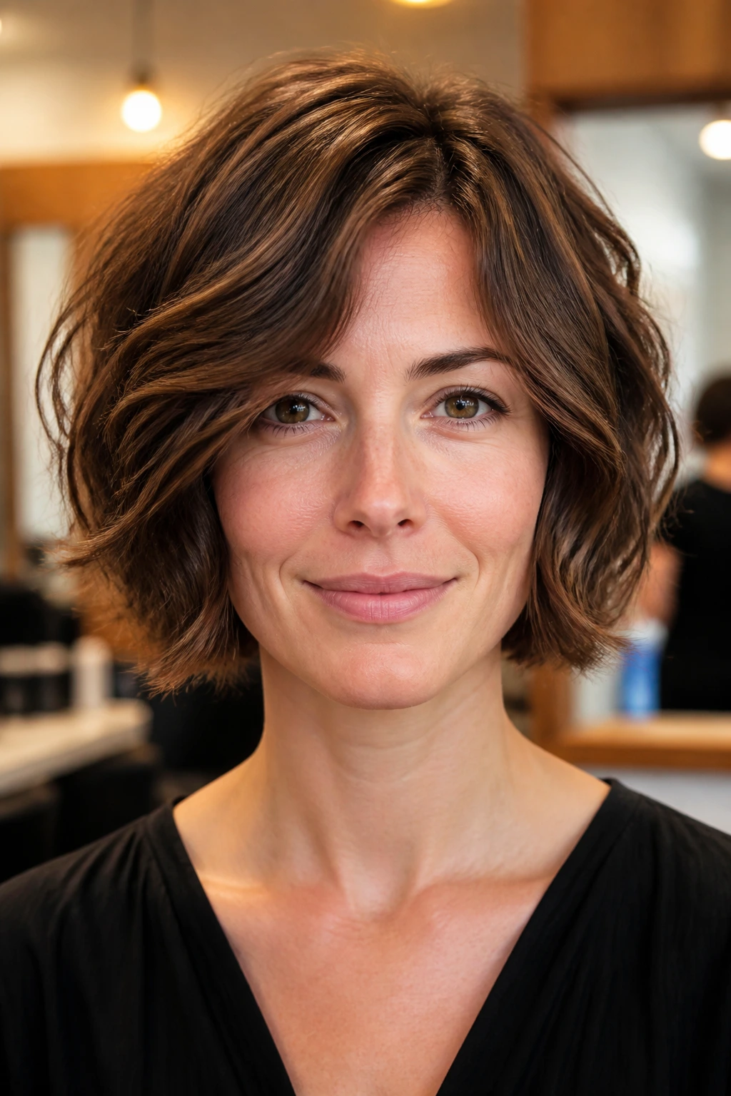 Close-up portrait of a real woman with a feathered thick-hair bob in a warm salon
