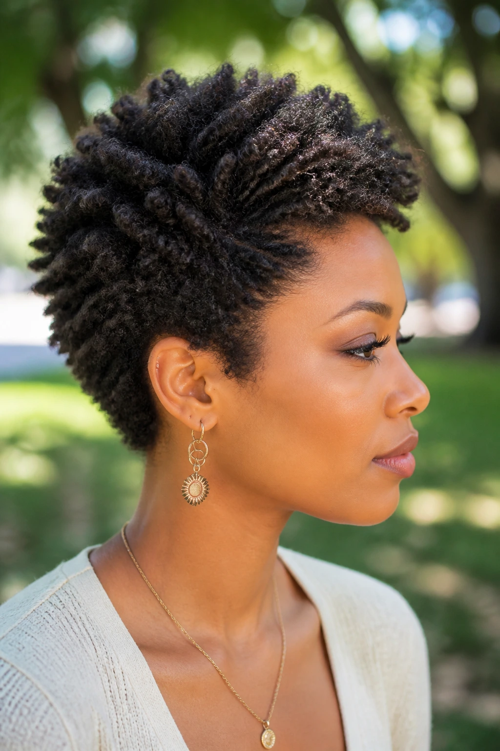 Close-up of a real Black woman with a feathered TWA hairstyle showing lifted layers
