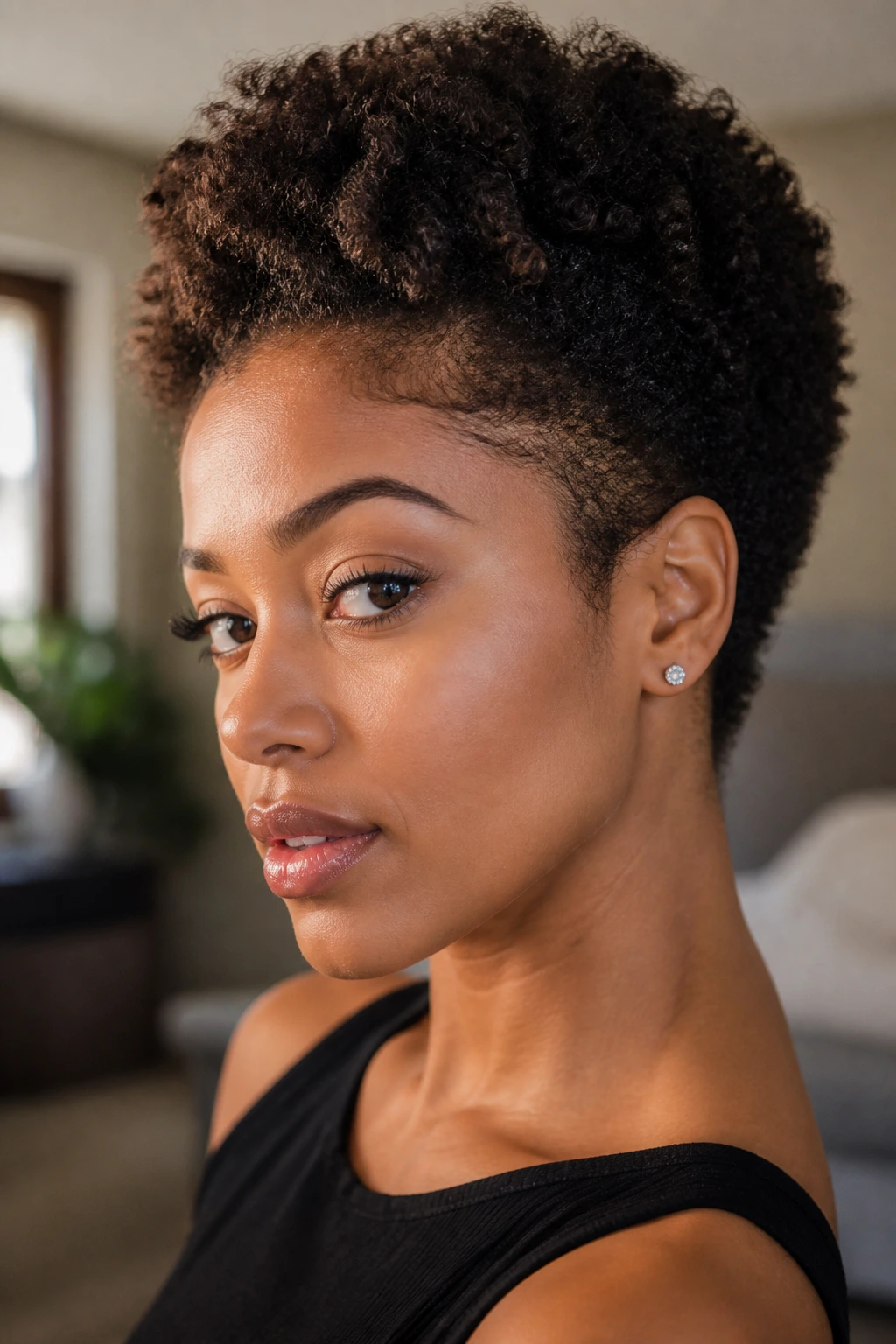 Close-up of a Black woman with a feathered TWA hairstyle