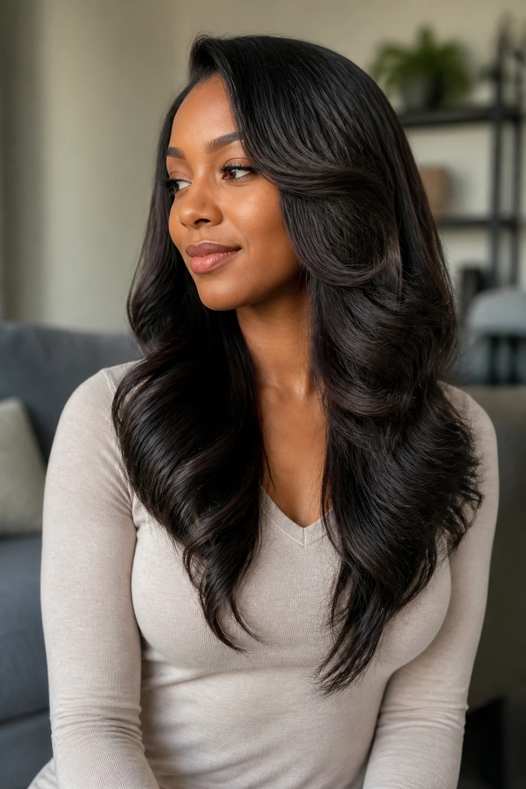 Close-up of a real woman with feathered V-cut waves tapering toward the ends