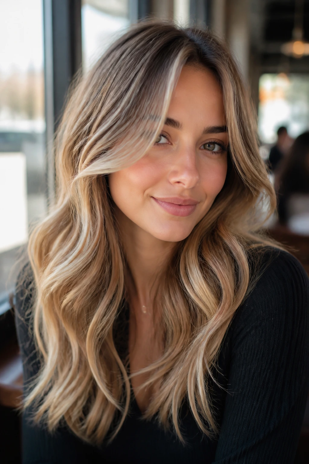 Close-up portrait of a real woman with feathered face-framing waves and beige-blonde babylights.