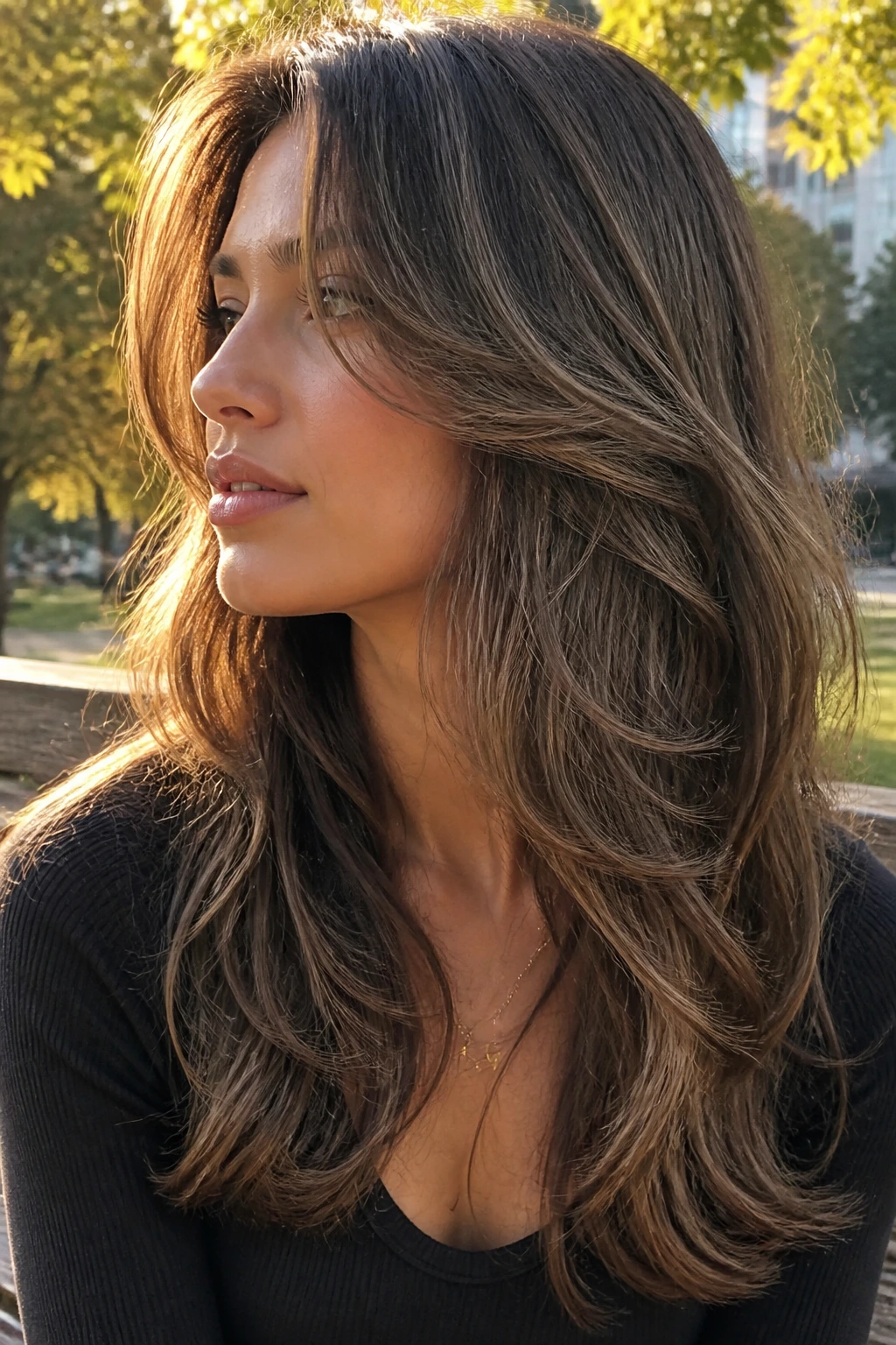 Close-up of a real woman with feathered waves and defined texture.