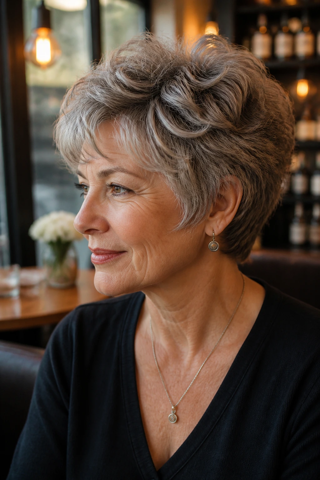 Close-up portrait of a real woman with feathered wedge bob pixie in warm cafe light
