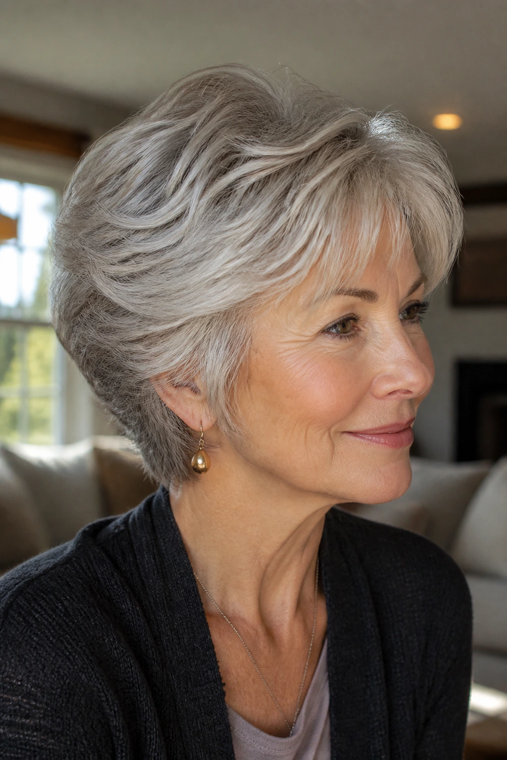 Woman with soft feathered wedge hairstyle, gentle movement