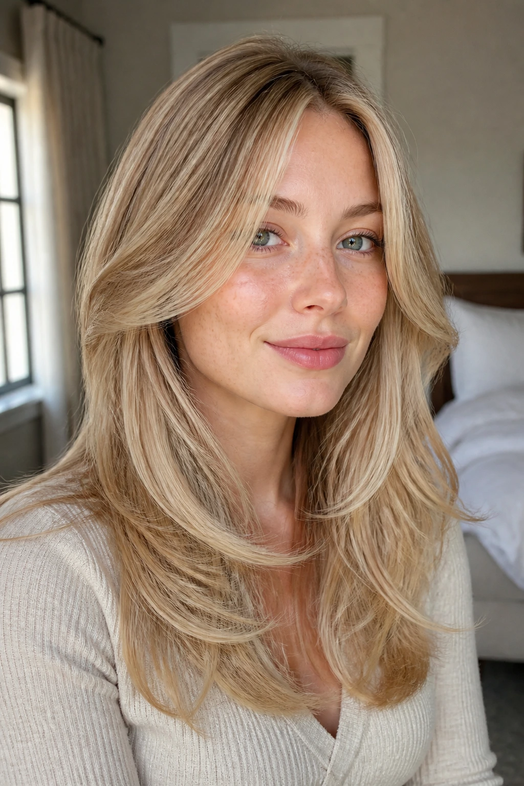 Close-up of a real woman with feathered wheat blonde layered hair