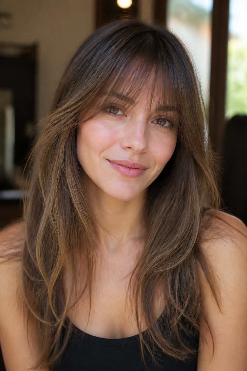 Close-up of feathered wispy bangs blending into the length
