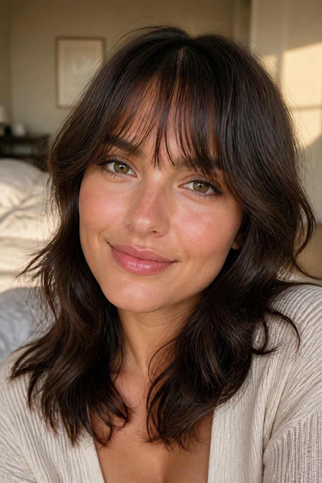 Real woman with feathered wispy fringe in soft light