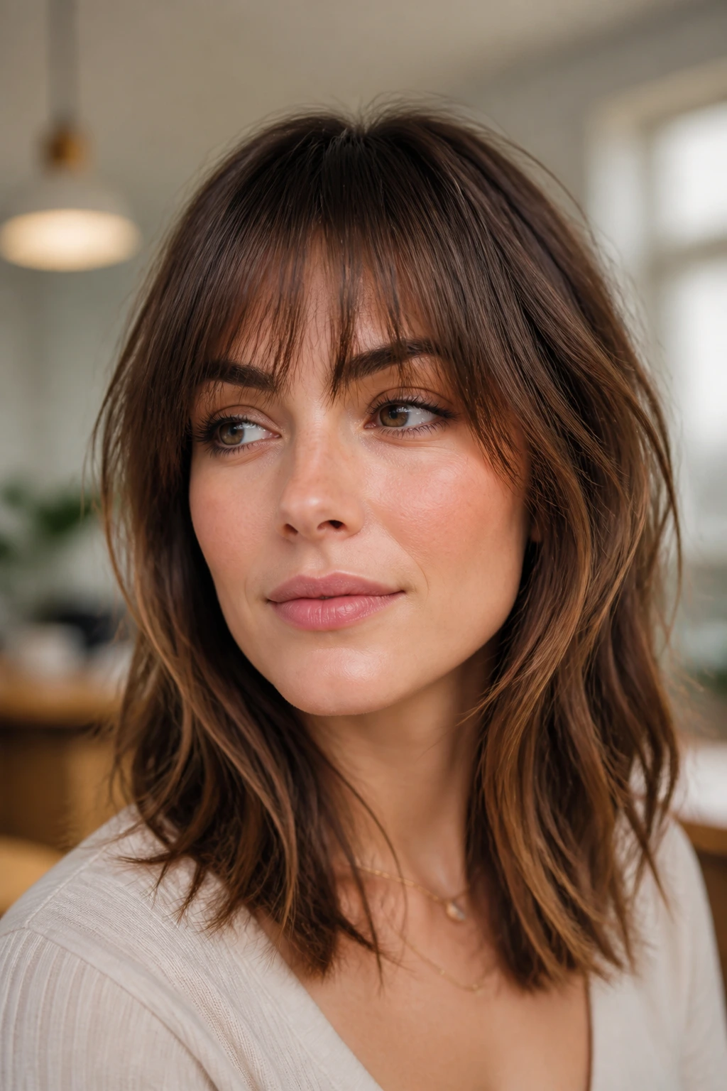 Portrait of a real woman with feathered bangs showing soft edges on thin hair.