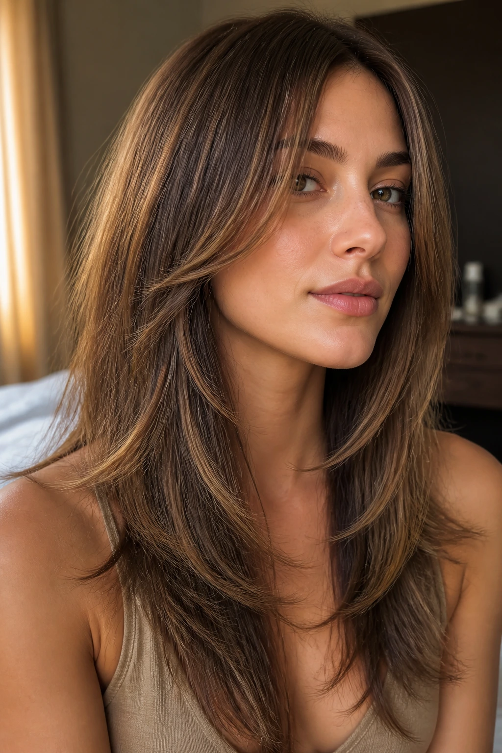 Close-up of a real woman with feathering starting below the chin