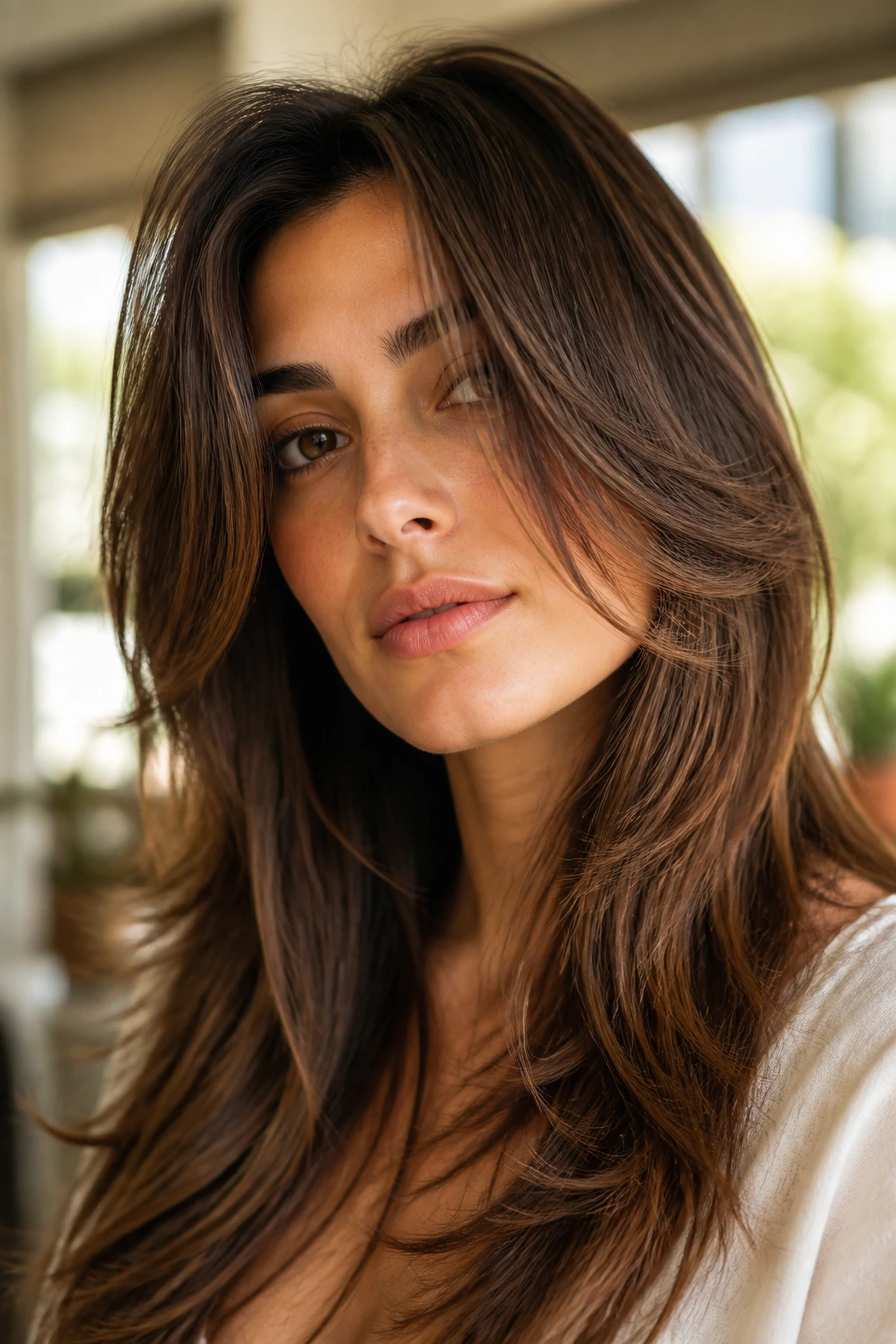 Portrait of a woman with feathered face-framing layers visible.