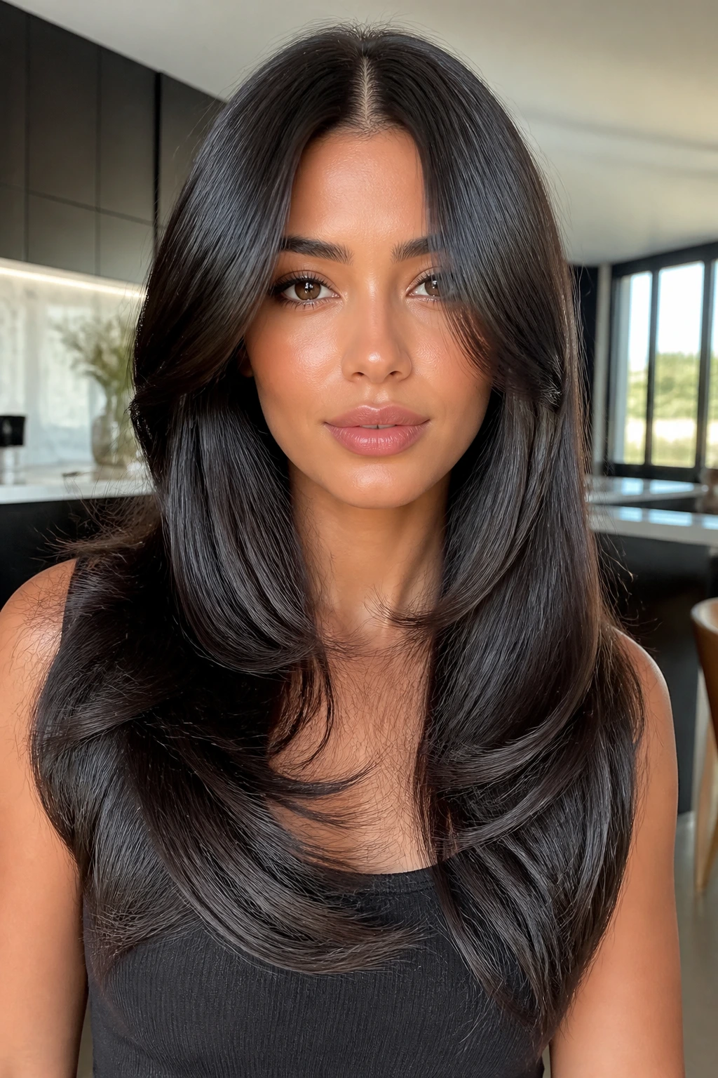 Portrait of a woman with glossy middle-part feathering.