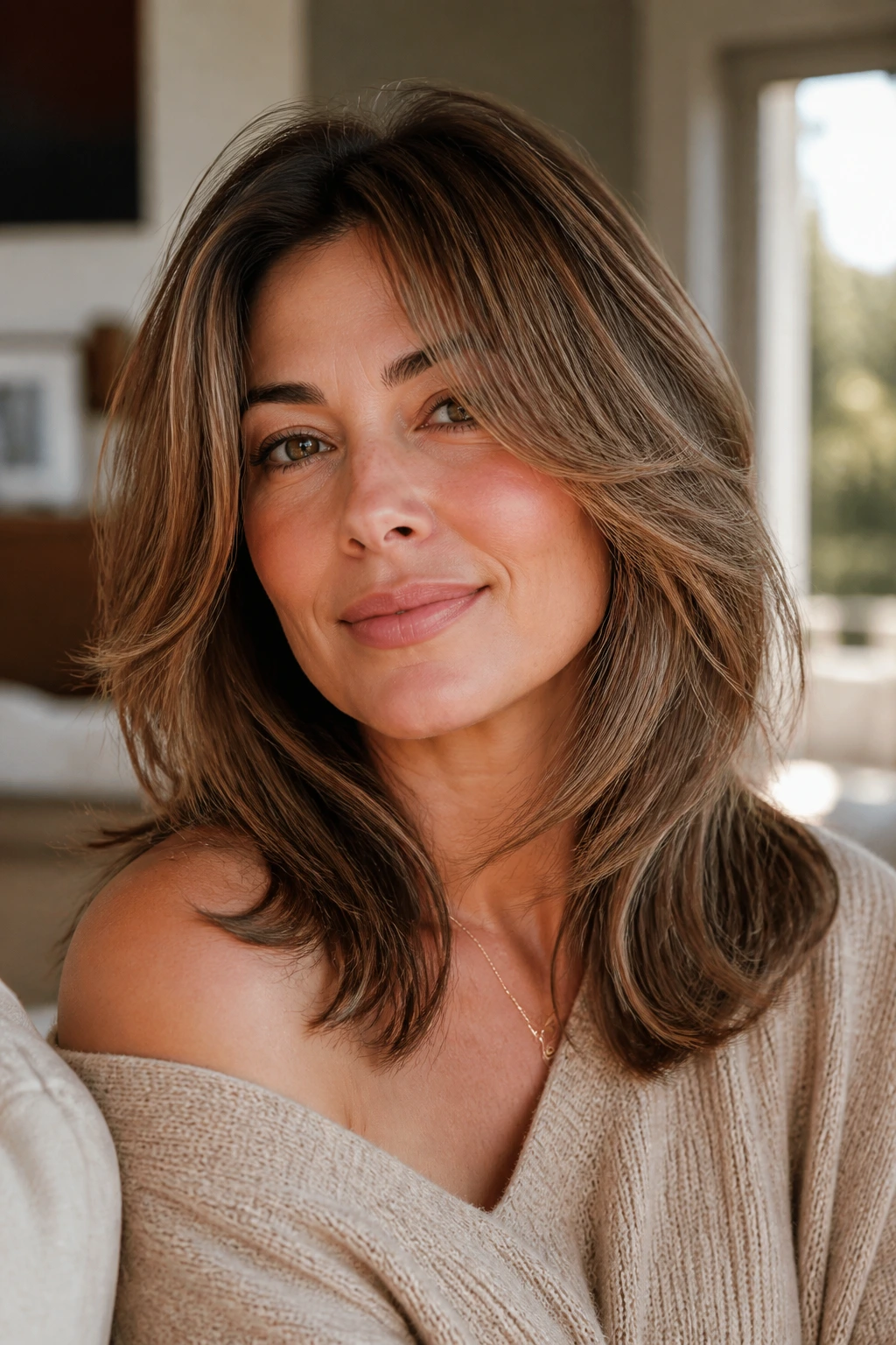 Portrait of a woman with feathered medium-length hair showing balanced layers.