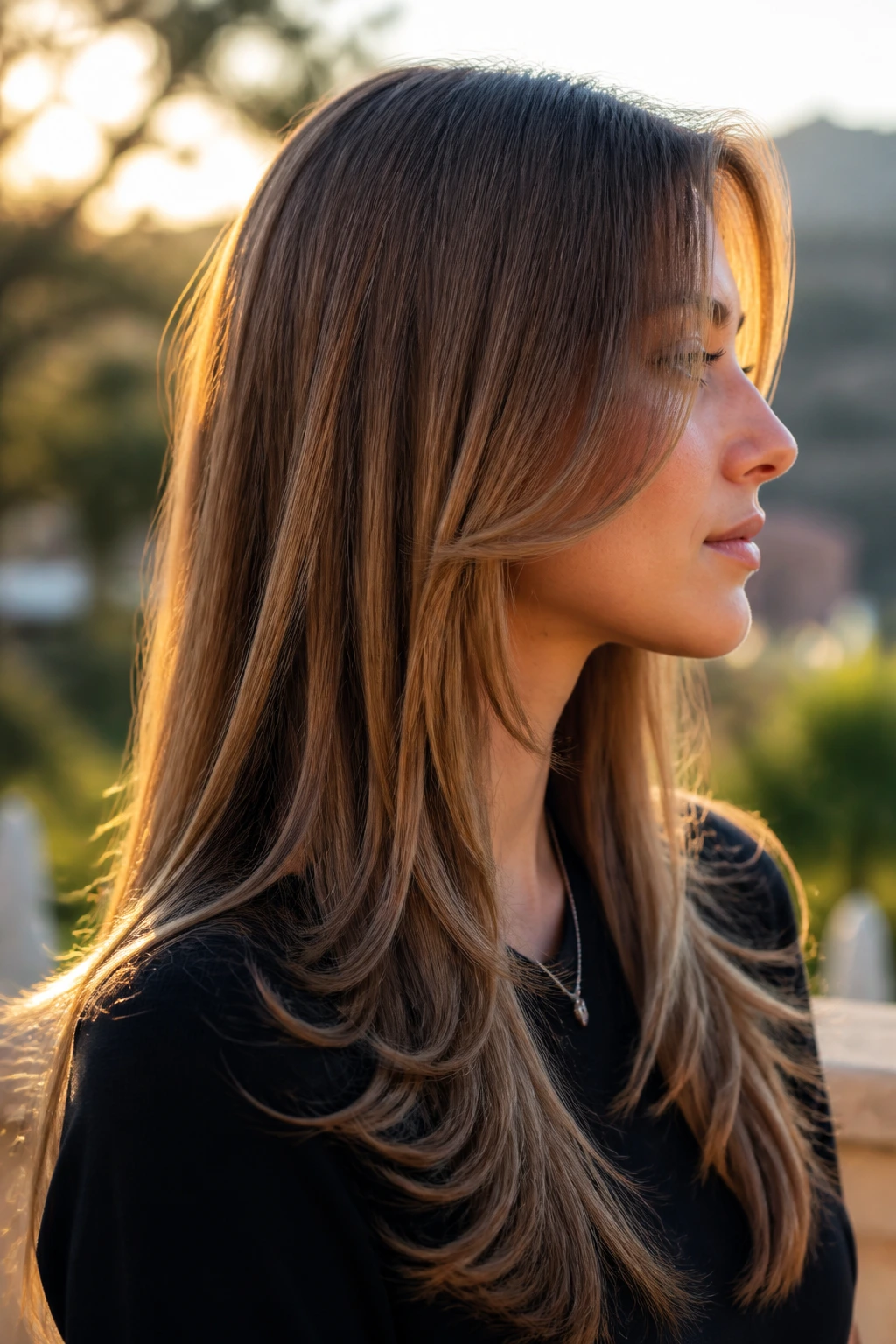 Portrait of a person with feathered ends on straight hair in warm outdoor light