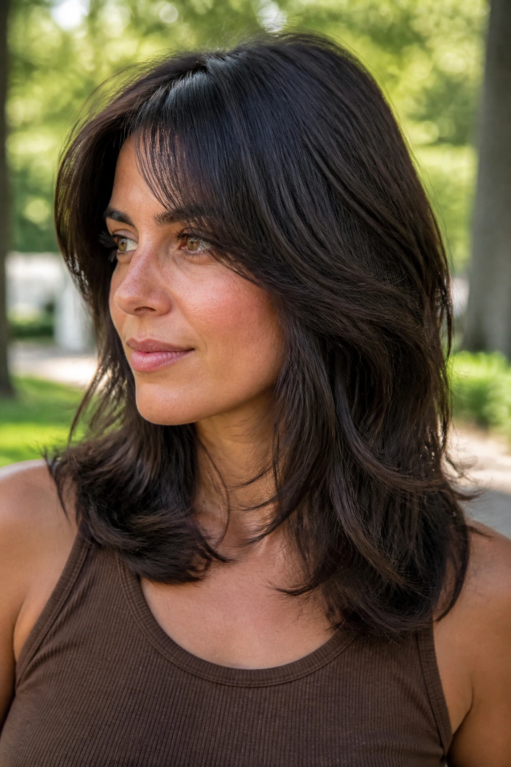 Close-up portrait of a real woman with thick hair featuring choppy feathering