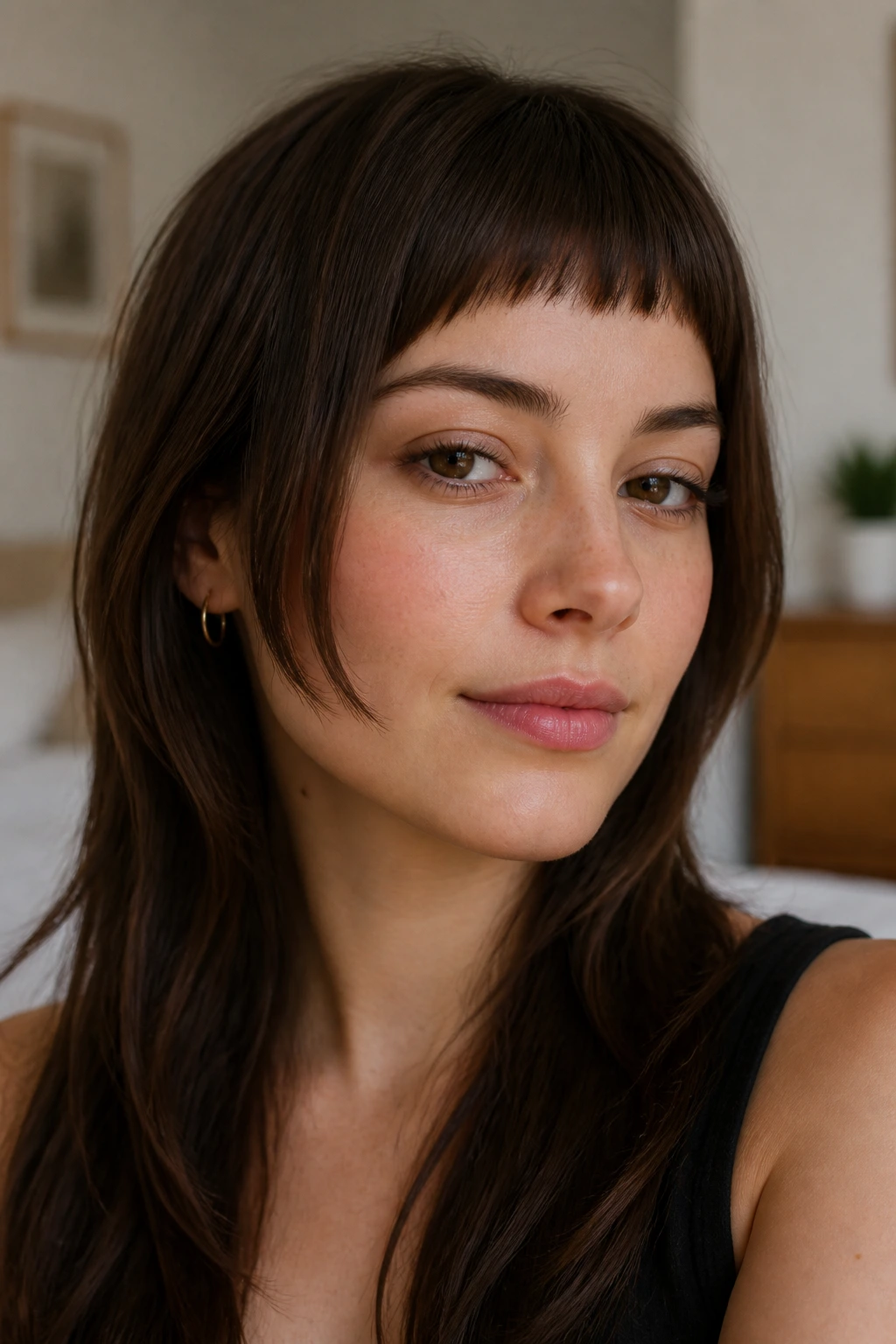 Close-up of a woman wearing featherlight baby bangs with long sides