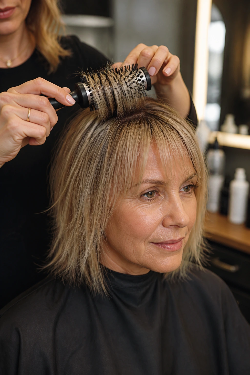 Close-up of fringe being styled with a round brush in a salon