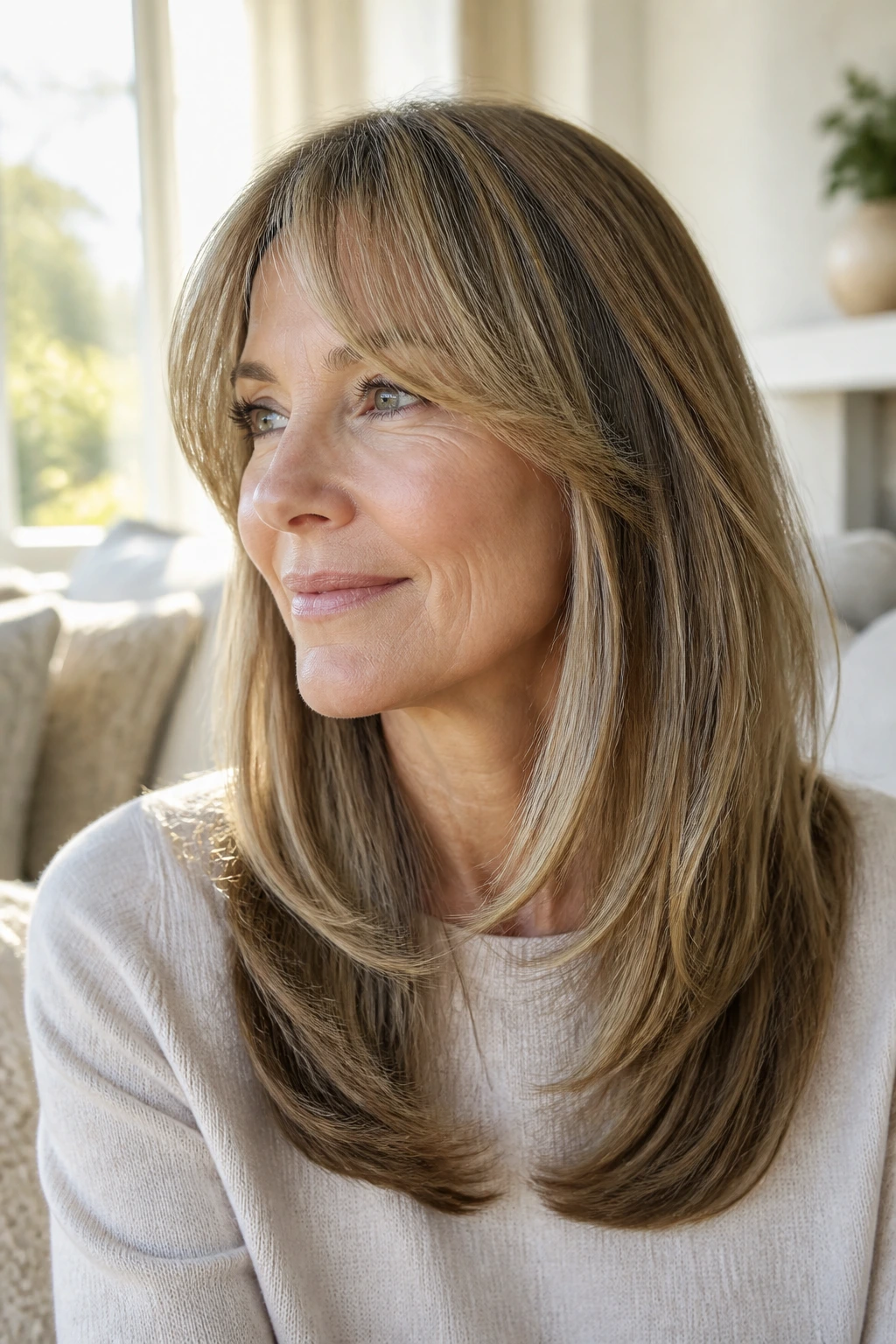 Close-up portrait of a real woman with long feathered layers and tucked-in ends.