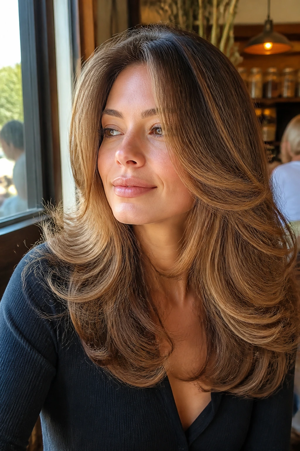 Portrait of a real woman with feathery blowout layers and caramel highlights