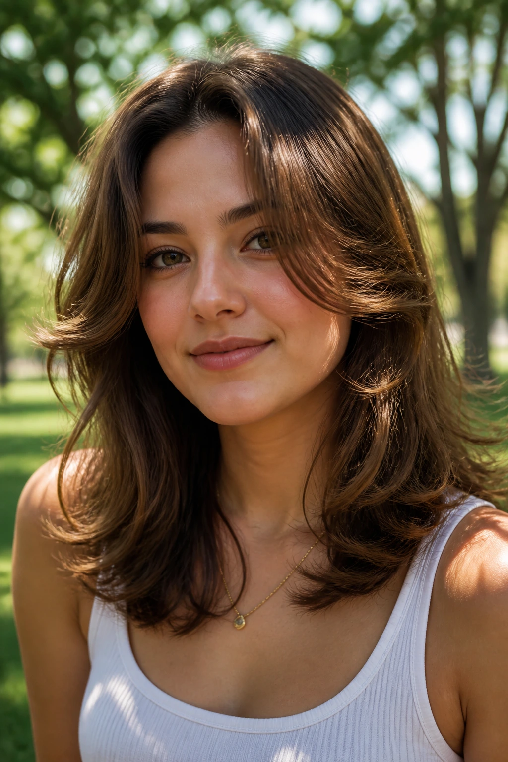 Portrait of woman with feathery curved layers in natural sunlight