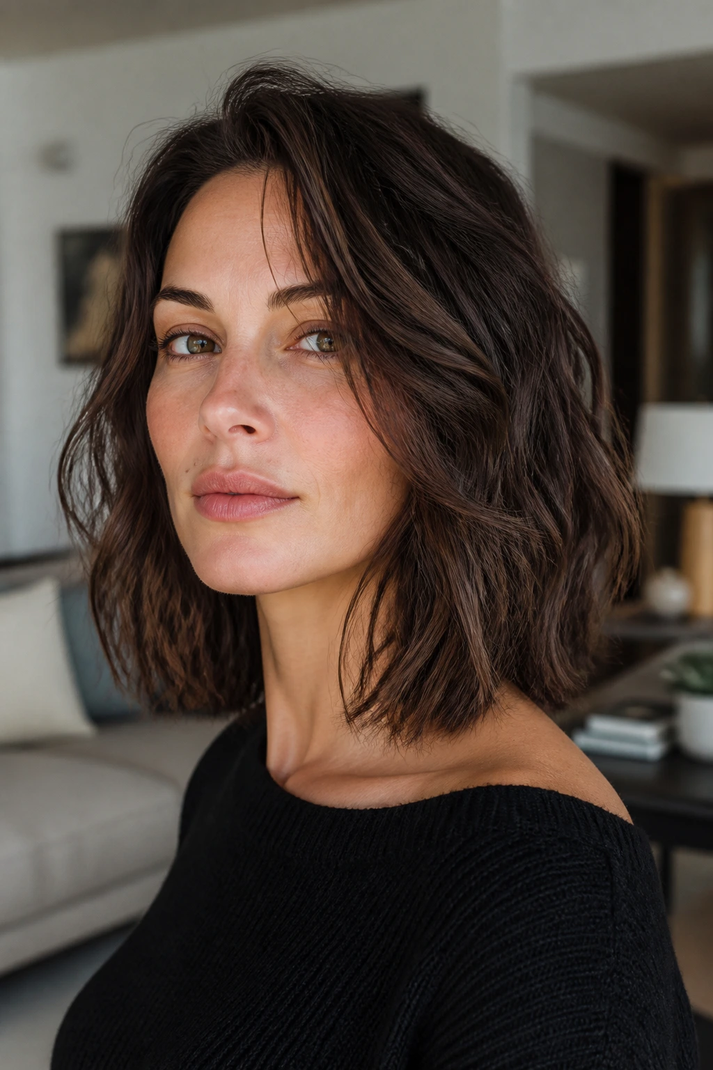 Close-up portrait showing feathery internal layers in a lob on a real person