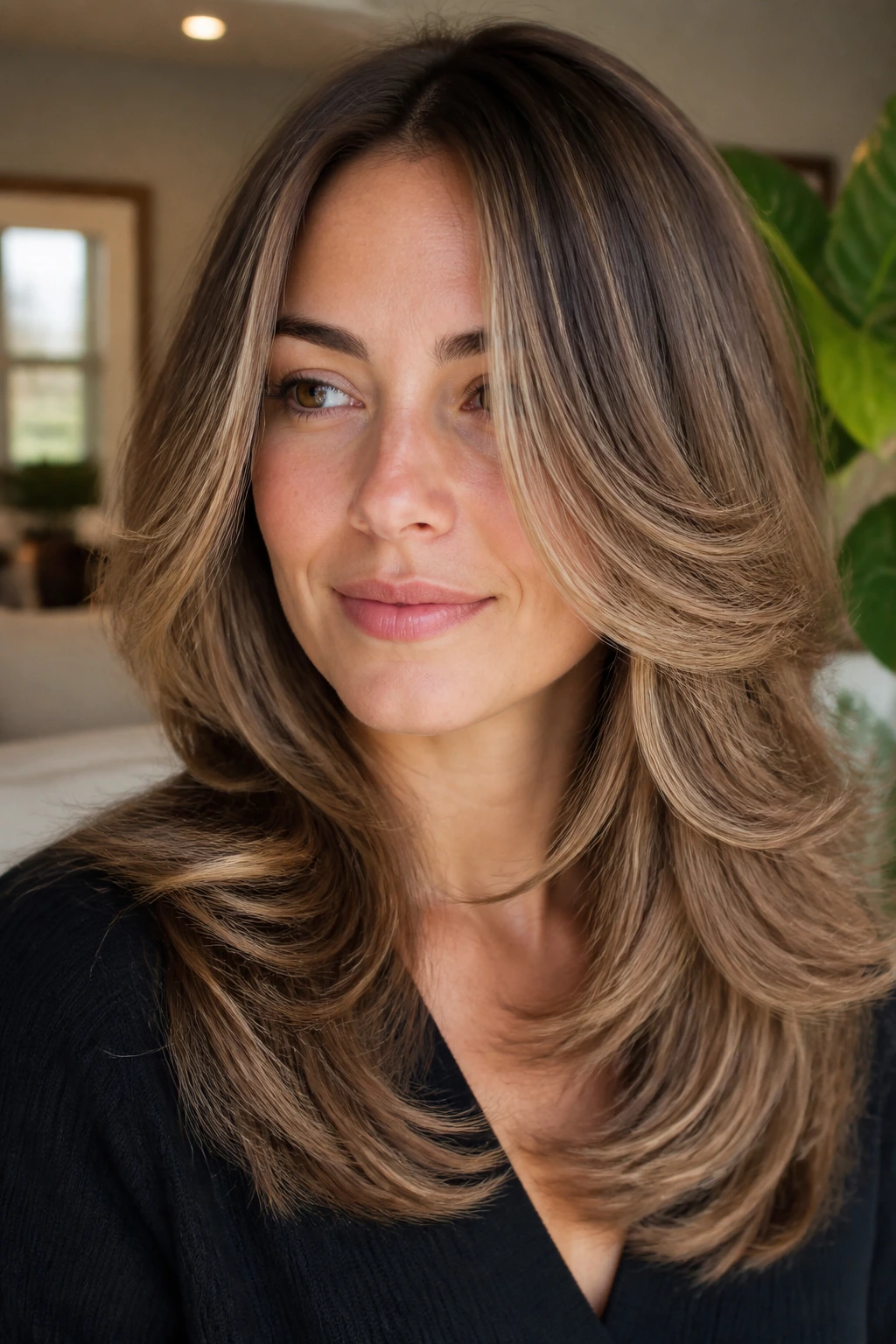 Close-up of feathery layers with a C-shape face frame on a real woman