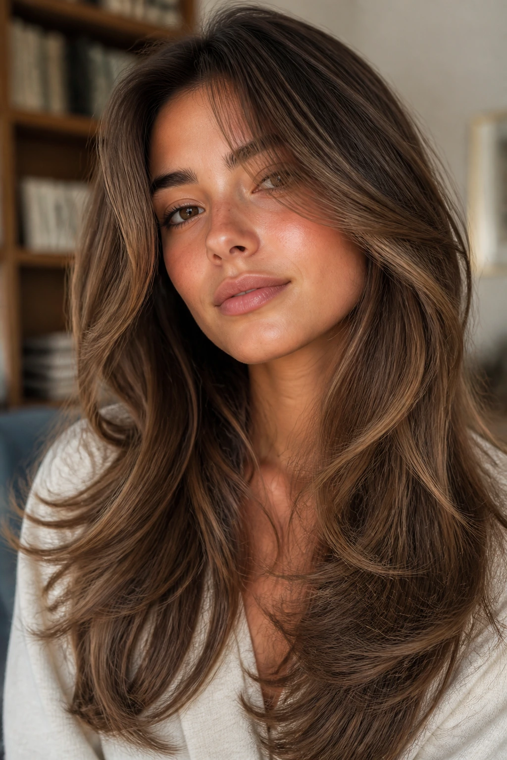 Real woman showing feathery face-framing layers and their shape.