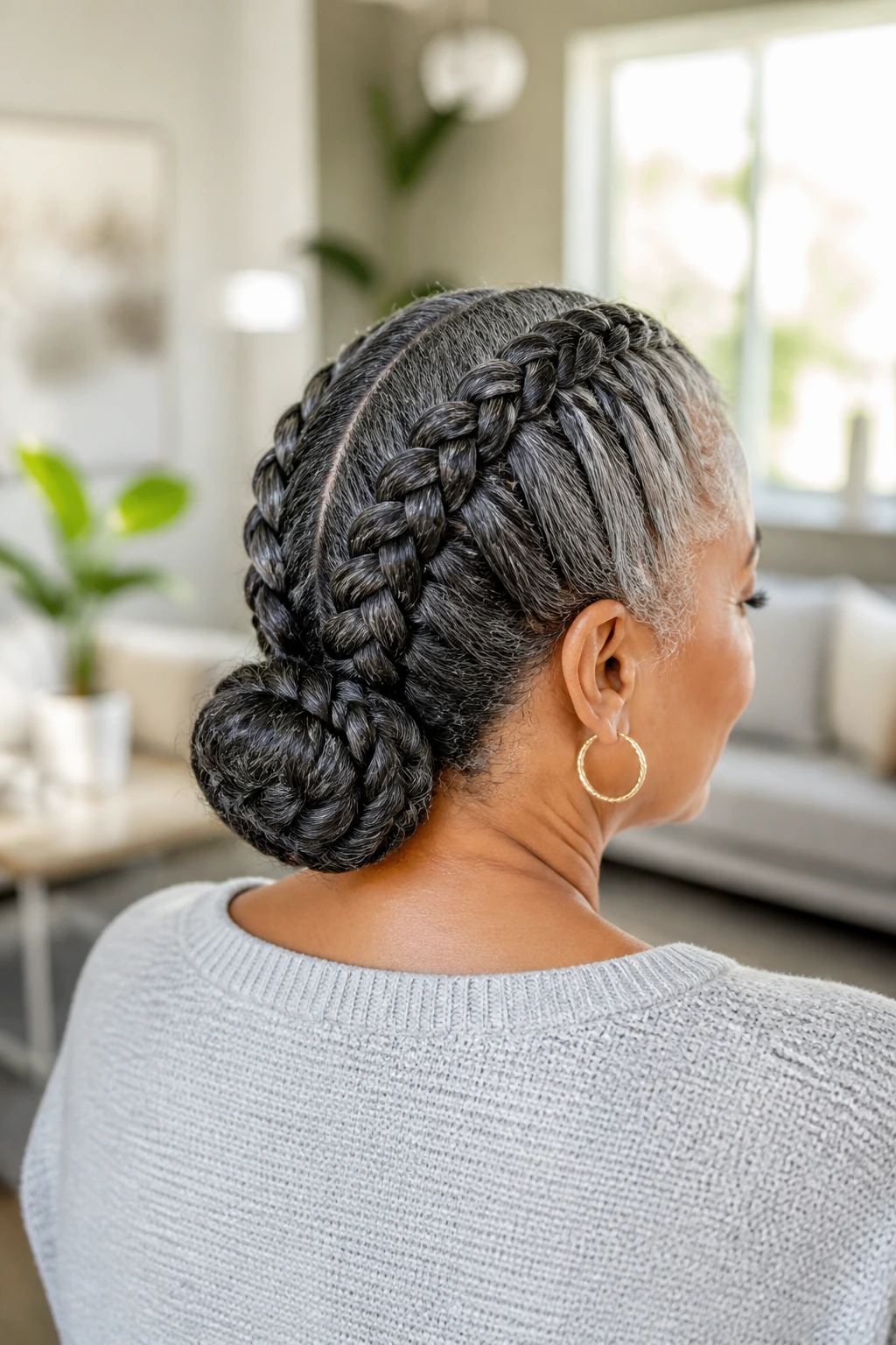 Back view of two feed braids forming a folded bun on a real woman