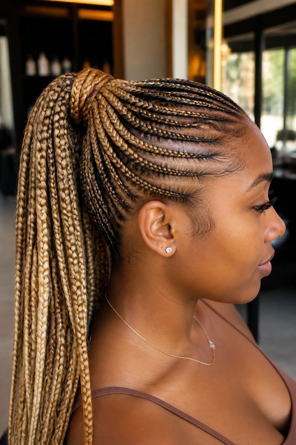 Close-up of feed-in braided ponytail with honey blonde feed-ins on a real person in warm salon light