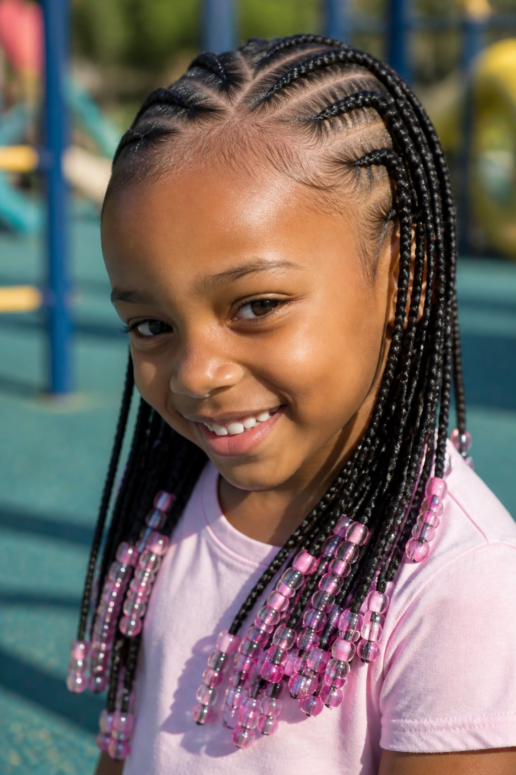 Close-up of a child with feed-in braids and beads at the ends