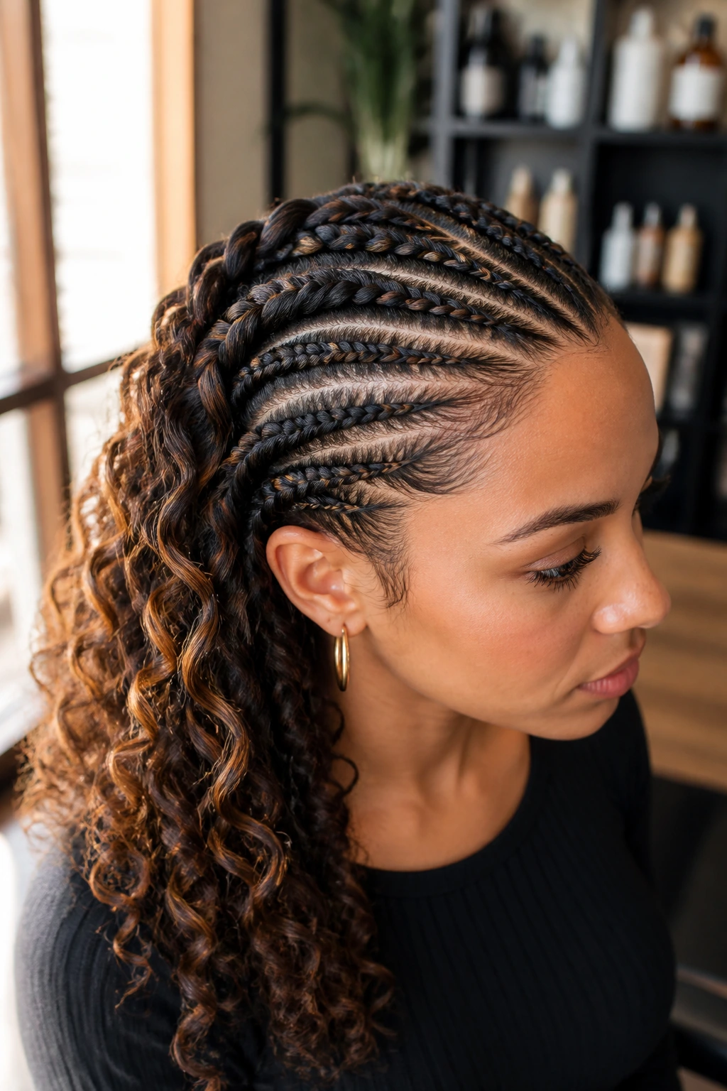 Close-up of a real person with crown braids and curly back length featuring caramel highlights
