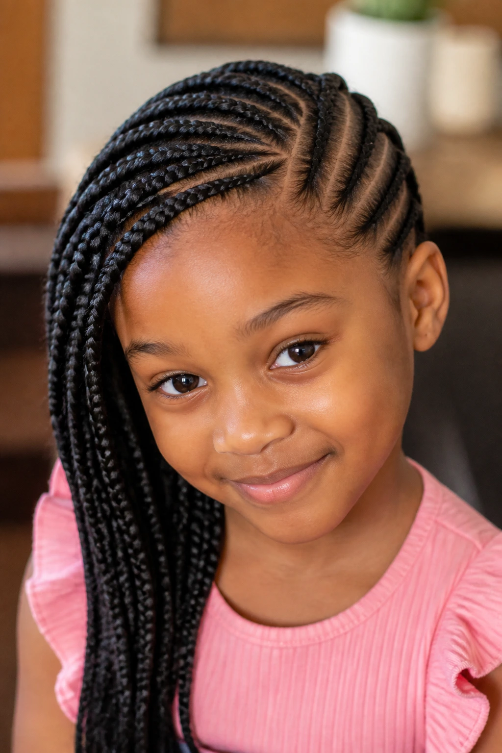 Side-swept feed-in braids with a deep part on a child