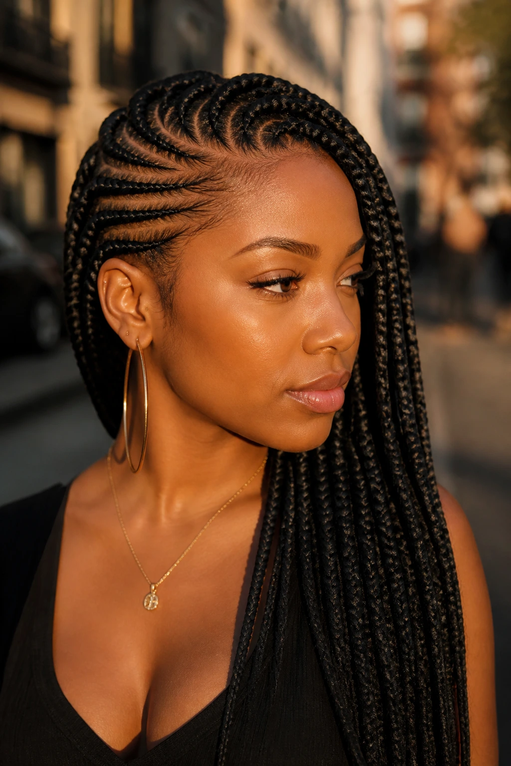 Close-up of deep side-part feed-in braids on a real woman