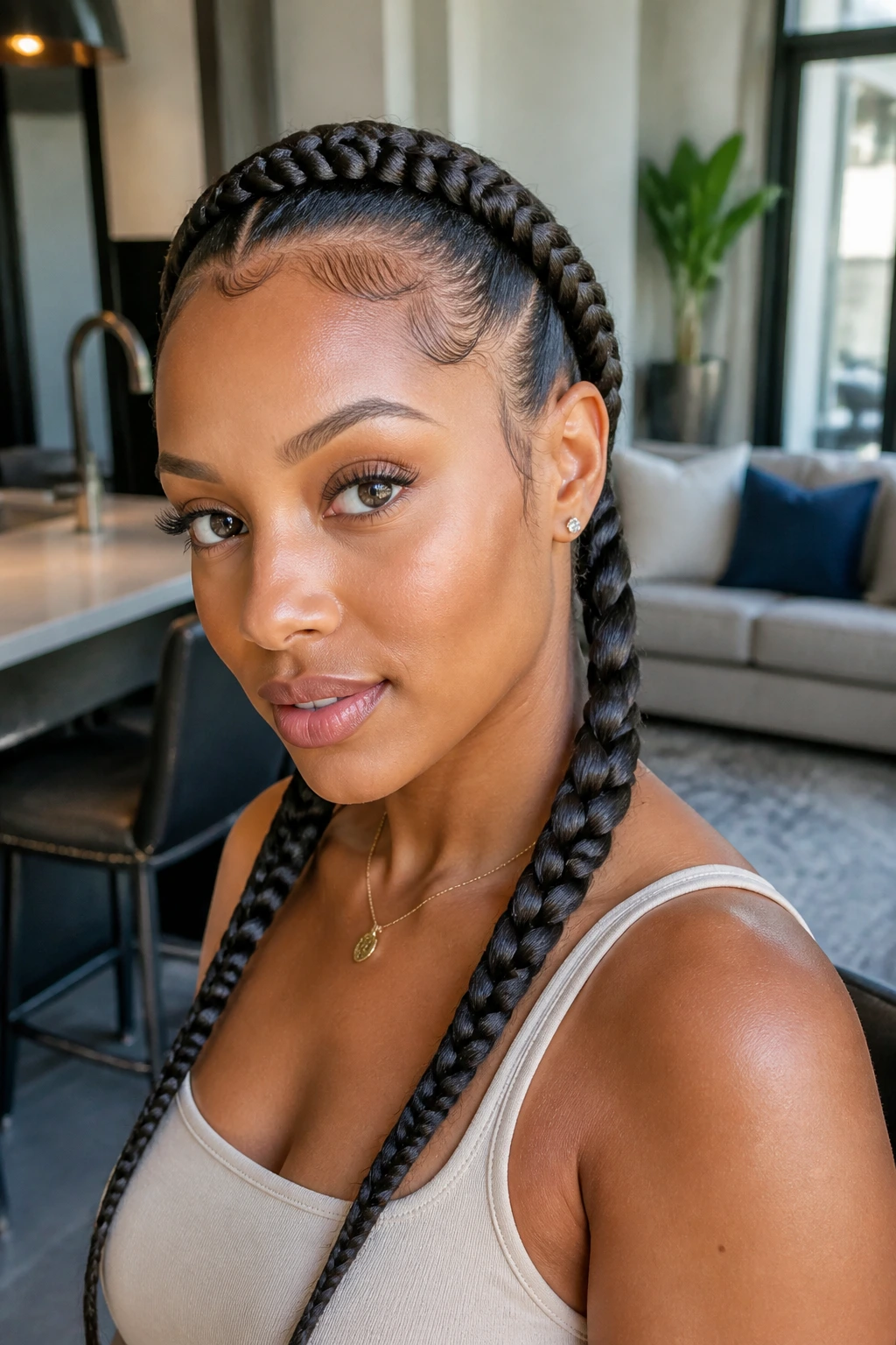 Close-up of a real person with two feed-in braids and a braided headband, showing variations.
