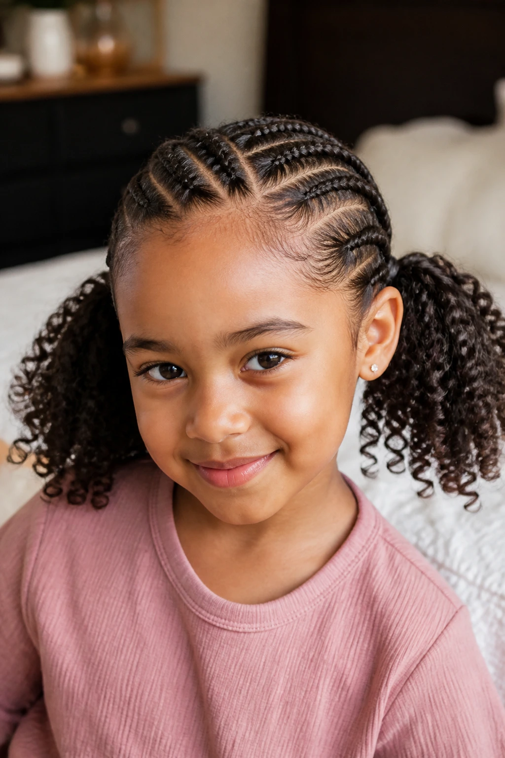 Close-up of real child with feed-in braids and low pigtails in cozy indoor light