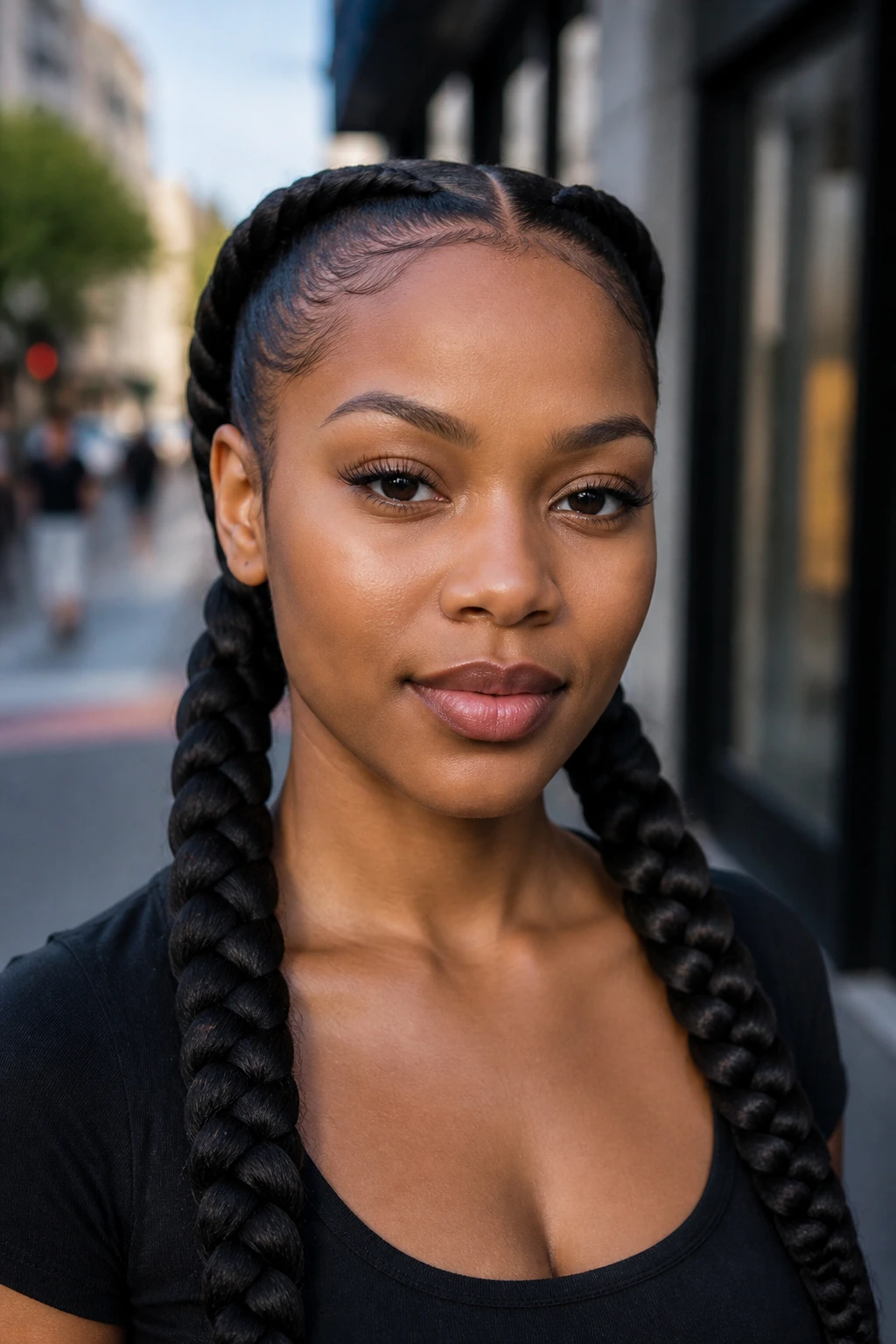 Portrait of a real person with two large feed-in braids framing the face