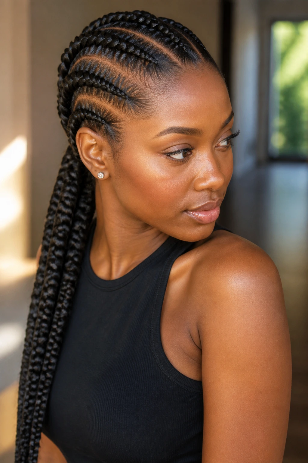 Close-up of a real Black woman with feed-in Dutch braids into a rope-like ponytail