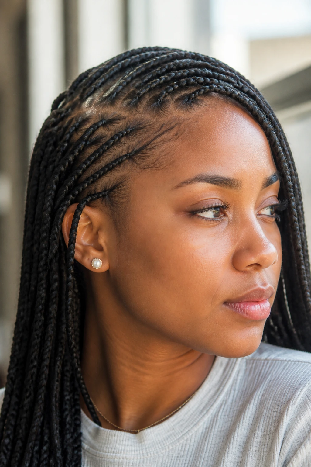 Close-up of side-swept feed-in braids on a real person.
