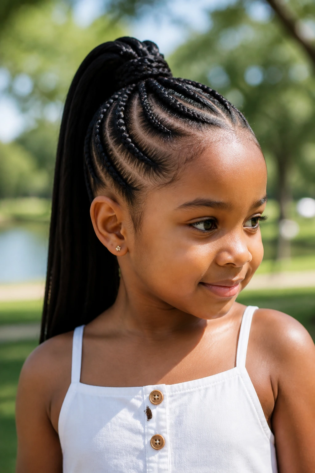 Girl with feed-in cornrows flowing into a ponytail in a sunny park