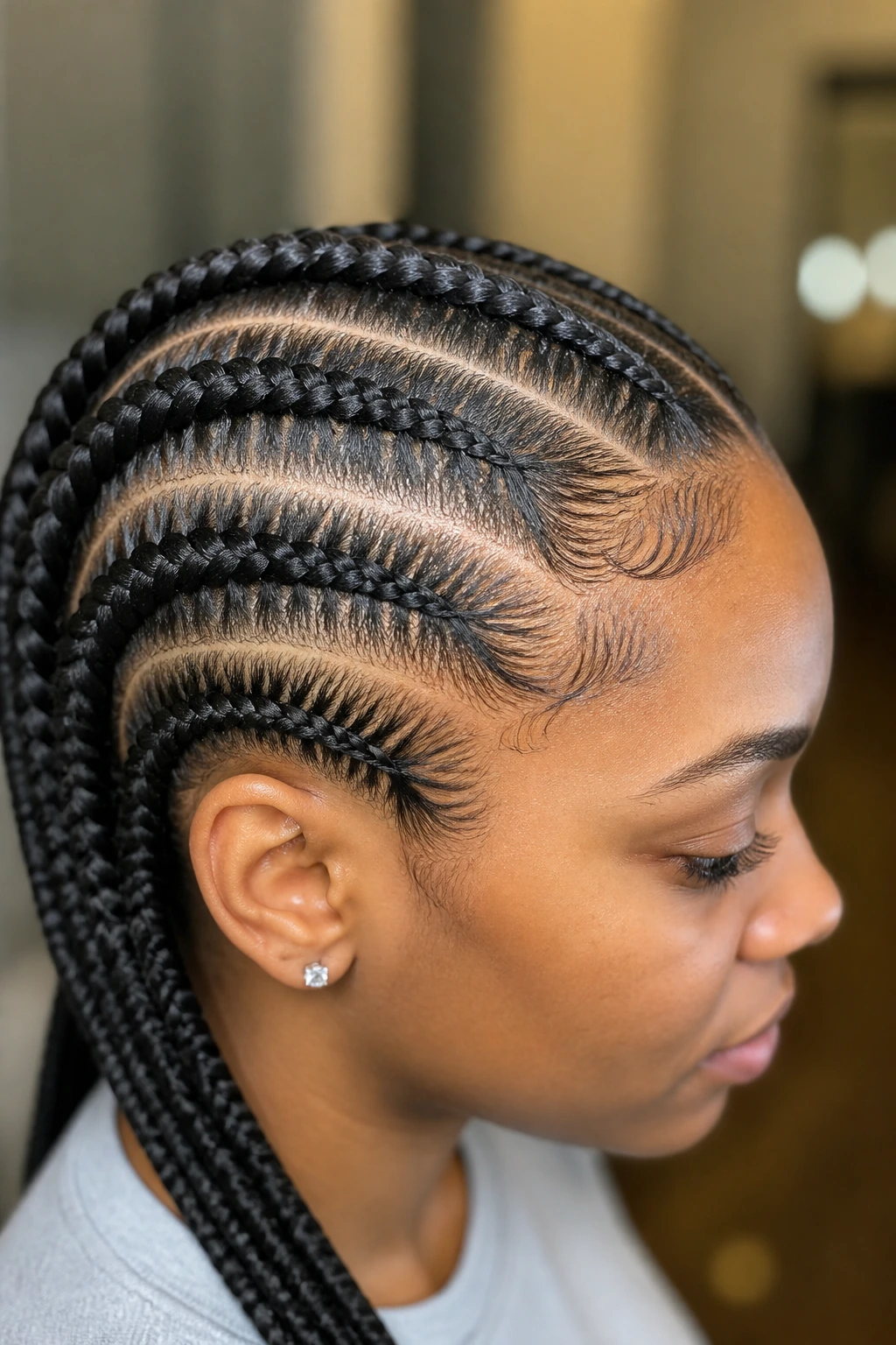 Profile view of feed-in cornrows on a real person