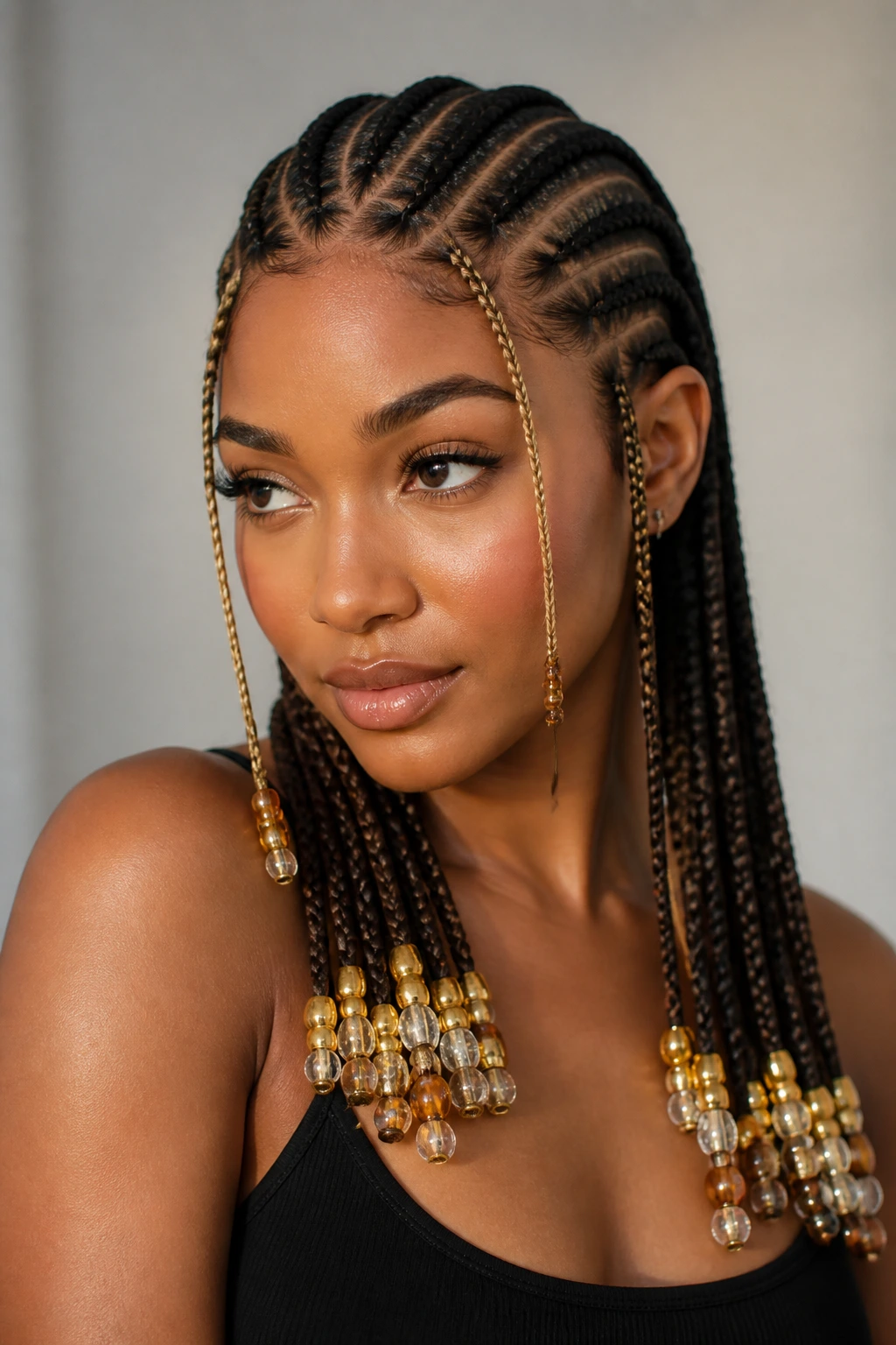 Close-up portrait of a real person with feed-in cornrows and beaded ends